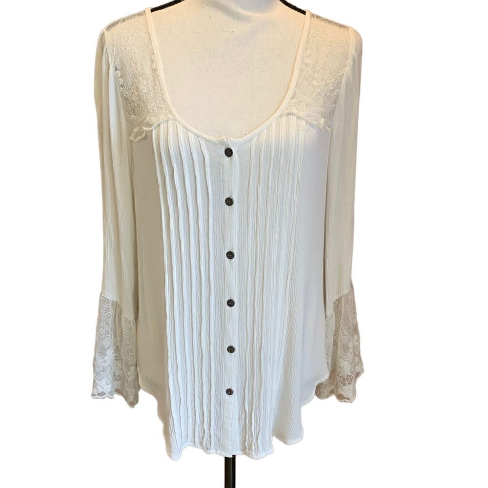 ‎American Eagle Pleated Lace Tunic Button-Down, Bell Sleeves, Medium Like New